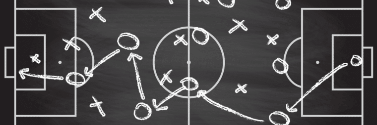 A drawing of a soccer field with circles and lines connected to simulate the strategy of a game.