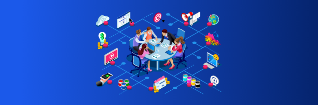 Vibrant illustration depicting a diverse group of professionals brainstorming and collaborating on cutting-edge digital marketing strategies