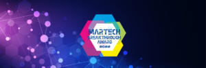 Martech Breakthrough Awards 2022" logo on a blue background featuring intricate molecular structures.